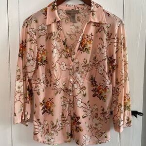 Floral Flowy Soft Pink Empire Style V Neck  3/4 Sleeve Women's Top Size L